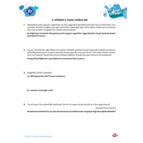 5. Sınıf Tüm Dersler 2. Dönem Yazılı Hazırlık Kitabı KR Akademi Yayınları