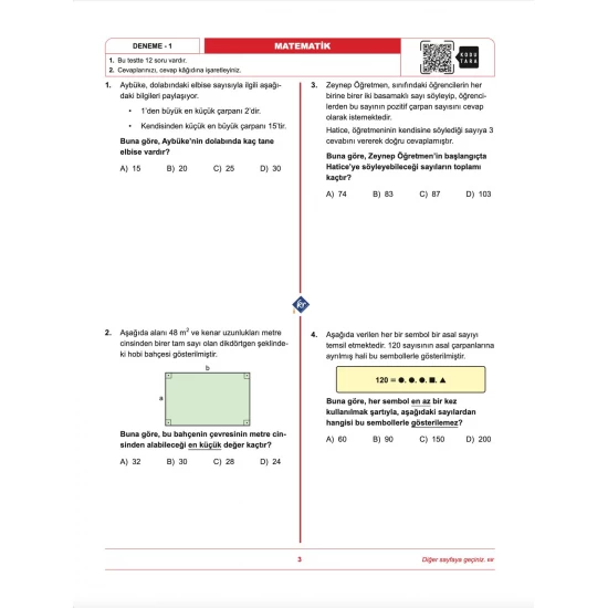 İbrahim Akca 8. Sınıf LGS Matematik 1. Dönem İlk 12 Soru Konu Denemeleri KR Akademi Yayınları