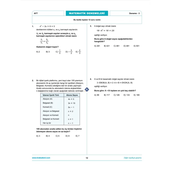 Anıl Hoca İle Matematik AYT İlk 10 Soru Denemeleri KR Akademi Yayınları