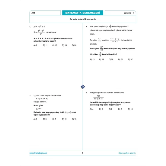 Anıl Hoca İle Matematik AYT İlk 10 Soru Denemeleri KR Akademi Yayınları