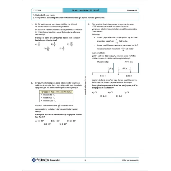 TYT Matematik 10'lu Frekans Denemeleri KR Akademi Yayınları