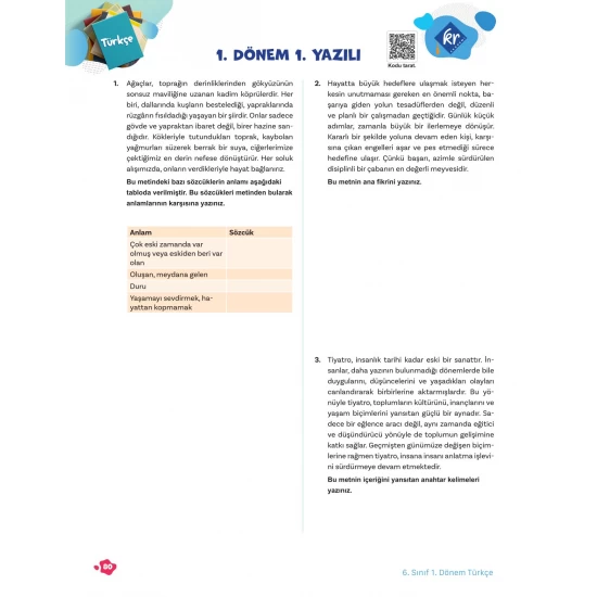 6. Sınıf Tüm Dersler 1. Dönem Yazılı Hazırlık Kitabı KR Akademi Yayınları