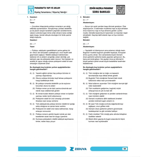 Zeduva Yayınları Türkçe Saati 20 Günde Zemin Hazırla Paragraf Anlam Bilgisi Soru Bankası