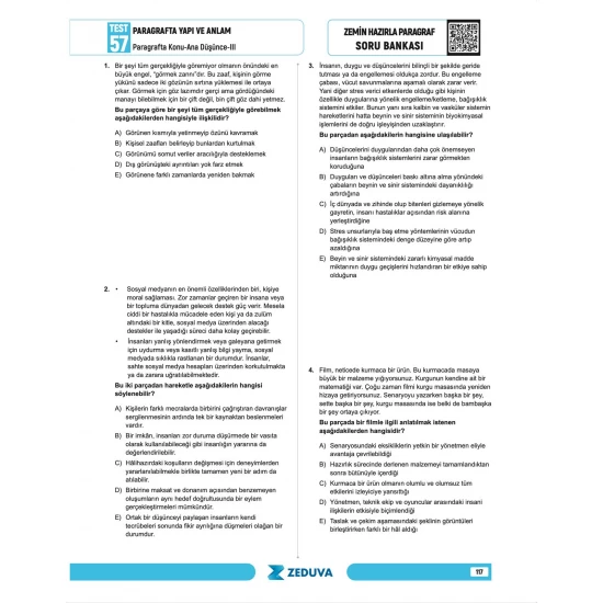Zeduva Yayınları Türkçe Saati 20 Günde Zemin Hazırla Paragraf Anlam Bilgisi Soru Bankası