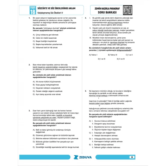 Zeduva Yayınları Türkçe Saati 20 Günde Zemin Hazırla Paragraf Anlam Bilgisi Soru Bankası