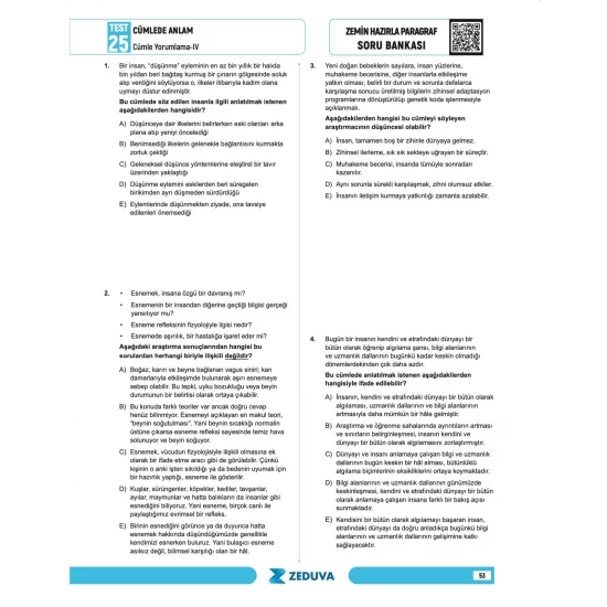 Zeduva Yayınları Türkçe Saati 20 Günde Zemin Hazırla Paragraf Anlam Bilgisi Soru Bankası