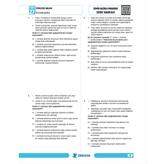 Zeduva Yayınları Türkçe Saati 20 Günde Zemin Hazırla Paragraf Anlam Bilgisi Soru Bankası