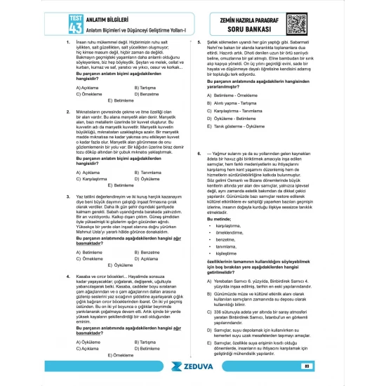 Zeduva Yayınları Türkçe Saati 20 Günde Zemin Hazırla Paragraf Anlam Bilgisi Soru Bankası