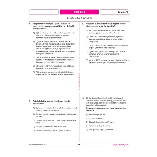 MEB AGS Eğitimin Temelleri ve Türk Milli Eğitim Sistemi Mevzuat 12 Deneme KR Akademi Yayınları
