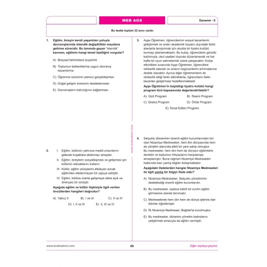 MEB AGS Eğitimin Temelleri ve Türk Milli Eğitim Sistemi Mevzuat 12 Deneme KR Akademi Yayınları