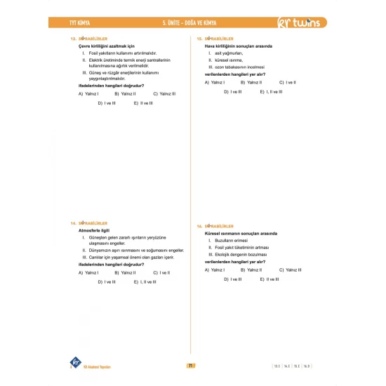 2026 TYT Twins Kimya Soru Bankası KR Akademi Yayınları