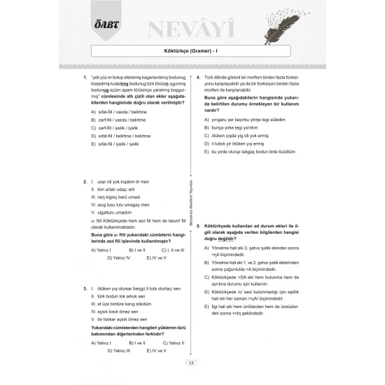 ÖABT Nevayi Türk Dili ve Edebiyatı Öğretmenliği Çözümlü Soru Bankası Benzersiz Akademi Yayınları