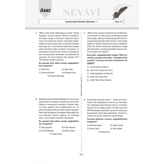 ÖABT Nevayi Türk Dili ve Edebiyatı Öğretmenliği Çözümlü Soru Bankası Benzersiz Akademi Yayınları