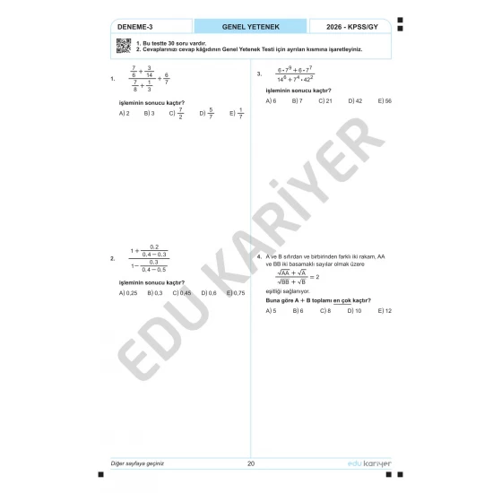 Edu Kariyer Mert Hoca 2026 KPSS Matematik 10'lu Branş Deneme Tamamı Çözümlü
