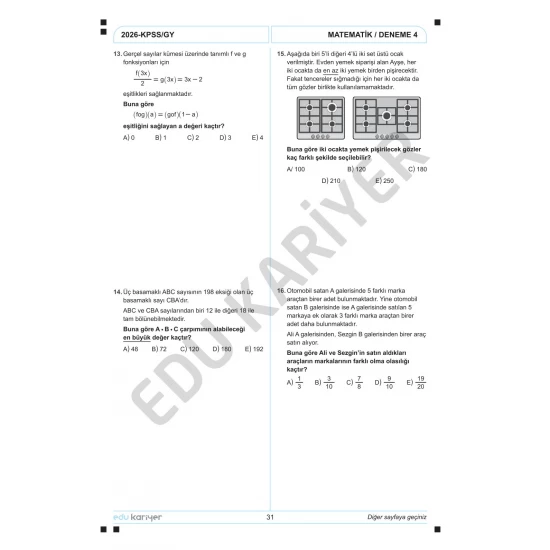 Edu Kariyer Mert Hoca 2026 KPSS Matematik 10'lu Branş Deneme Tamamı Çözümlü