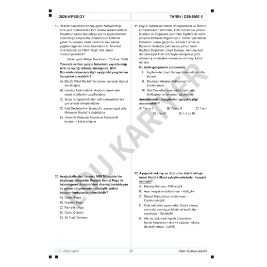 Edu Kariyer Sadettin Hoca 2026 KPSS Tarih 20'li Branş Deneme Tamamı Çözümlü
