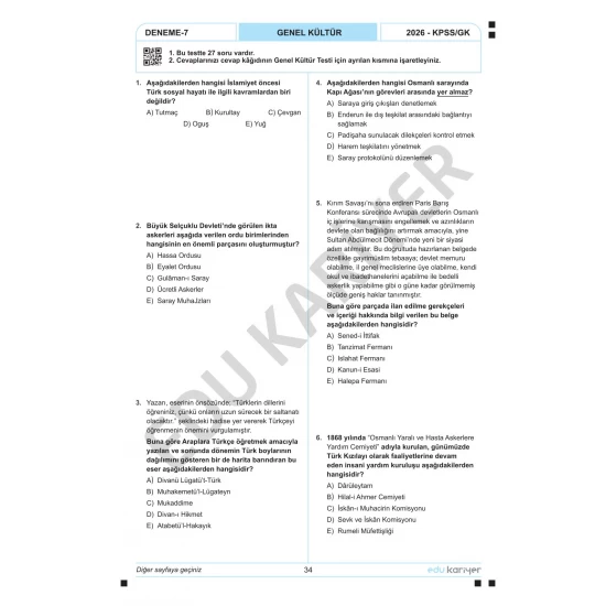 Edu Kariyer Sadettin Hoca 2026 KPSS Tarih 20'li Branş Deneme Tamamı Çözümlü