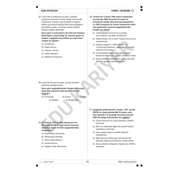 Edu Kariyer Sadettin Hoca 2026 KPSS Tarih 20'li Branş Deneme Tamamı Çözümlü