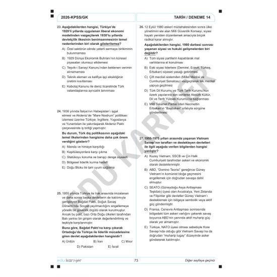 Edu Kariyer Sadettin Hoca 2026 KPSS Tarih 20'li Branş Deneme Tamamı Çözümlü