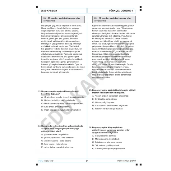 Edu Kariyer Deniz Hoca 2026 KPSS Türkçe 10'lu Branş Deneme Tamamı Çözümlü